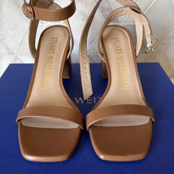 Stuart Weitzman S 5.5B Heeled Sandal with Strap Buckle Tan Brown Nearly Bare New - Picture 2 of 9